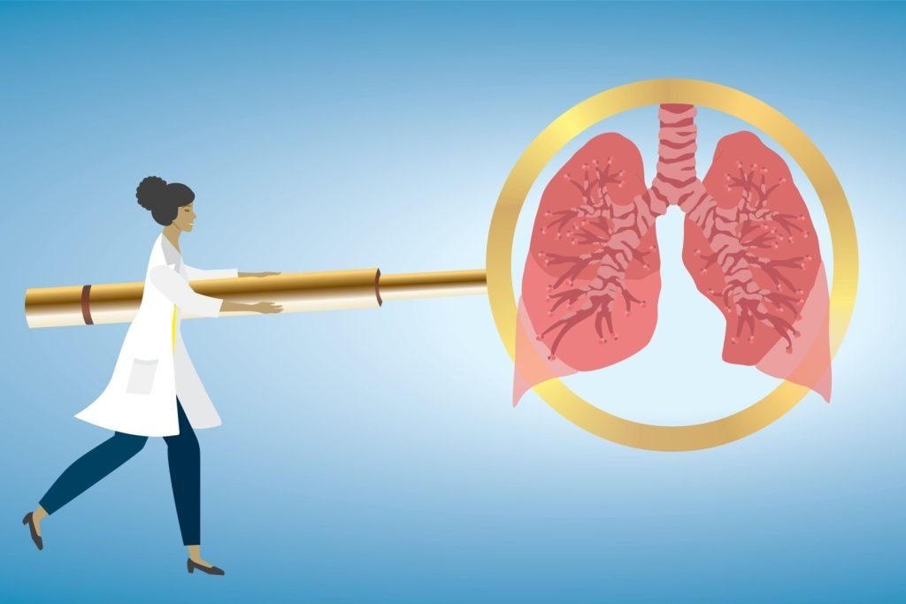 A stylized illustration features a female scientist in a white lab coat, running to the right, and carrying a very large, golden telescope-like instrument. The instrument extends from her body and stretches across the image. A pair of human lungs, rendered in a light pinkish-red color, is visible within a golden circular magnifying glass or lens positioned in the mid-ground of the illustration. Small, light-colored dots are scattered on the lungs' surface. The background is a soft, light blue gradient.