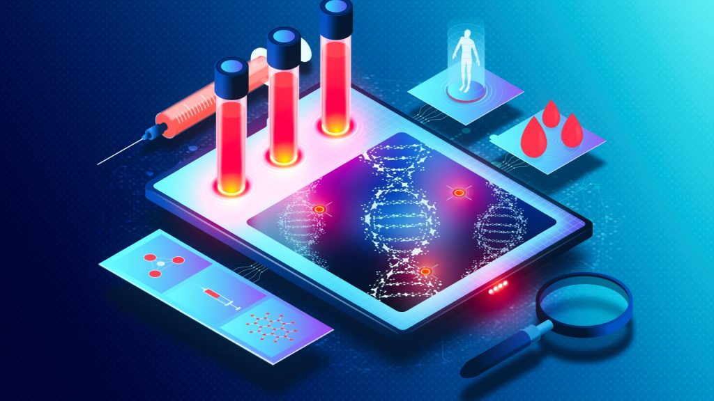 The image features a tablet alongside blood test tubes and a magnifying glass, likely suggesting a focus on medical or scientific analysis. The presence of a candle adds an artistic touch, creating a warm light ambiance. The overall design conveys themes of healthcare and investigation.