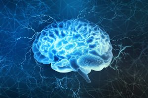 A three-quarter view of a detailed, light-blue, 3D model of a human brain. The brain's intricate folds and structures are clearly visible. A network of dark-blue, lightning-like streaks and connecting lines, suggesting neural pathways or electrical activity, surrounds and intermingles with the brain model. The background consists of a dark blue backdrop with a similar network of lines and shapes. The lighting highlights the brain's contours.