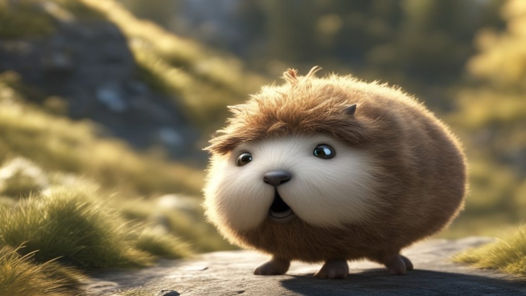 A close-up view of a small, cartoonish animal. The animal is round and appears to be a furry creature, resembling a hedgehog or similar small mammal. Its fur is a light brown/tan color with a fluffy texture. The face is light beige/cream, and the eyes are large, expressive, and a shade of teal or a similar light greenish-blue. The mouth appears open in a surprised or startled expression. The animal is positioned on a dark gray/brown rock or stone surface, which is partially visible. The background is out-of-focus, showing a grassy, hilly landscape. The background colors are muted, natural shades of green, brown, and tan, with hints of sunlight filtering through.