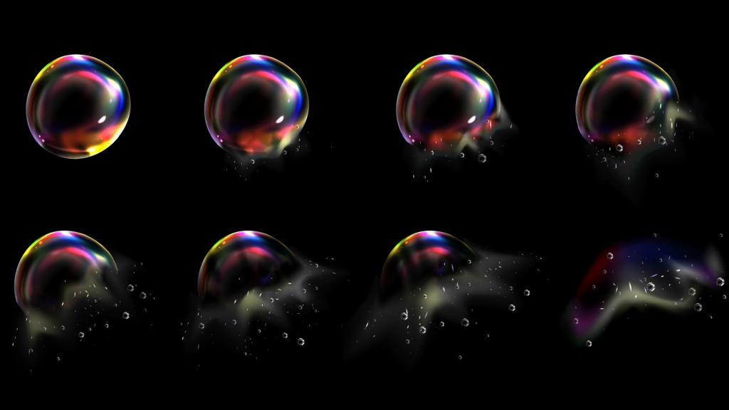 A grid of nine images displays the animation of a soap bubble bursting. Each image shows a soap bubble, round and iridescent with a spectrum of colours, against a pure black background. The animation shows the bubble in various stages of deflating and bursting. The bubbles are depicted in a side view perspective. A cloud of small particles or droplets (similar to water) are shown dispersing around the bubble as it bursts. The colour and density of the particles/droplets increase as the bubble deflates and breaks.