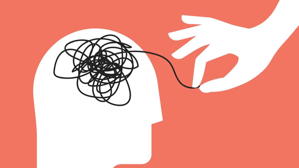 A stylised illustration depicts a person's head in profile view against a coral-red background. The head is white, and a tangled mass of black lines resembling a jumbled mess of thoughts or worries is situated on the top of the head. A white hand extends from the upper right corner of the image, holding a thin black line that connects to the tangle of lines on the head. The hand appears to be gently pulling or untangling the lines. The overall impression suggests a concept of mental clarity or the assistance in resolving mental distress.