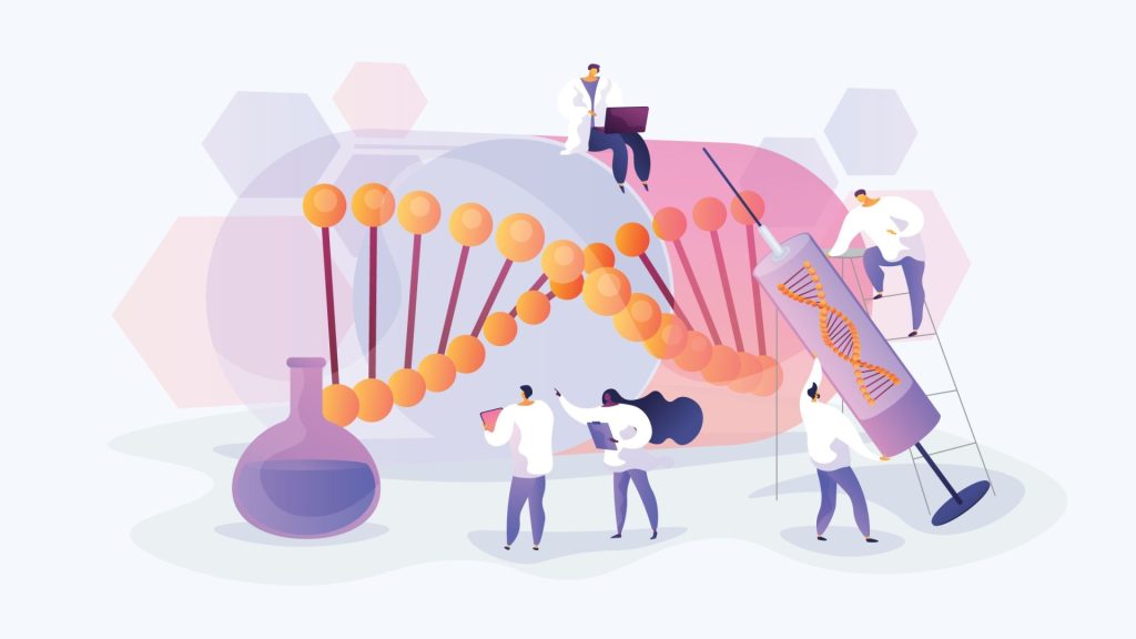 A stylised illustration depicts a group of scientists working on a large DNA molecule and syringe. The central image features a double helix DNA strand, presented in a stylized cartoon fashion with orange-toned spheres representing nucleotides and light-purple connecting rods. This DNA structure is depicted as if it were part of a larger, translucent, light-pinkish biological entity. Several cartoon-style figures in white lab coats are engaged in different actions related to the DNA molecule and syringe. Some are standing beside the DNA structure, examining it or holding a tablet-like device; another is seated at a table beside the DNA. Others use a tall ladder to hold up a massive syringe, also in an almost cartoonish depiction, with a visible DNA strand inside the syringe. The figures are depicted in a simplified manner, focusing on their interactions rather than intricate details of the figures themselves. Background elements include a light-purple honeycomb pattern on a light beige backdrop, suggestive of a scientific laboratory setting. A laboratory flask filled with a light-purple liquid is also part of the scene, providing additional context for the illustration.