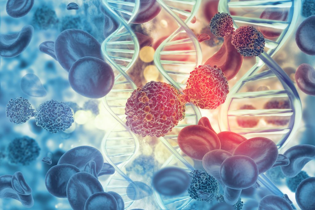 The image is a microscopic, artistic rendering depicting cancer cells interacting with red blood cells and DNA strands, creating a visually striking representation of the disease's impact on the body.