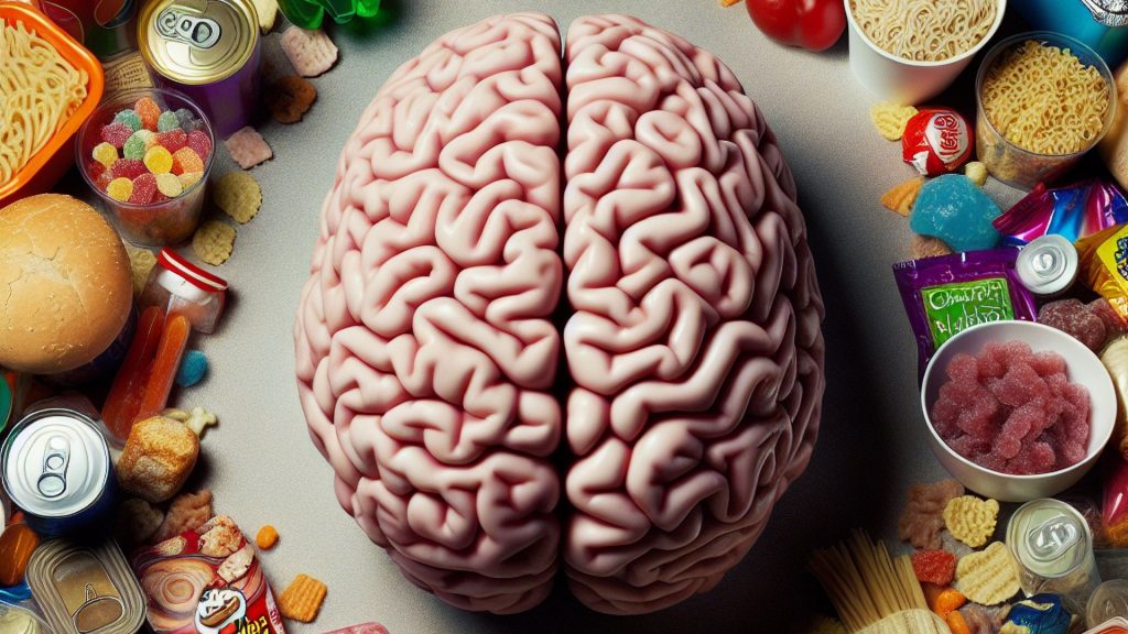 The image features a brain placed in a context that suggests contemplation about food. On the table, various snacks are arranged, highlighting an indoor setting where one might enjoy these treats. The overall mood evokes thoughts of craving or enjoying culinary delights.