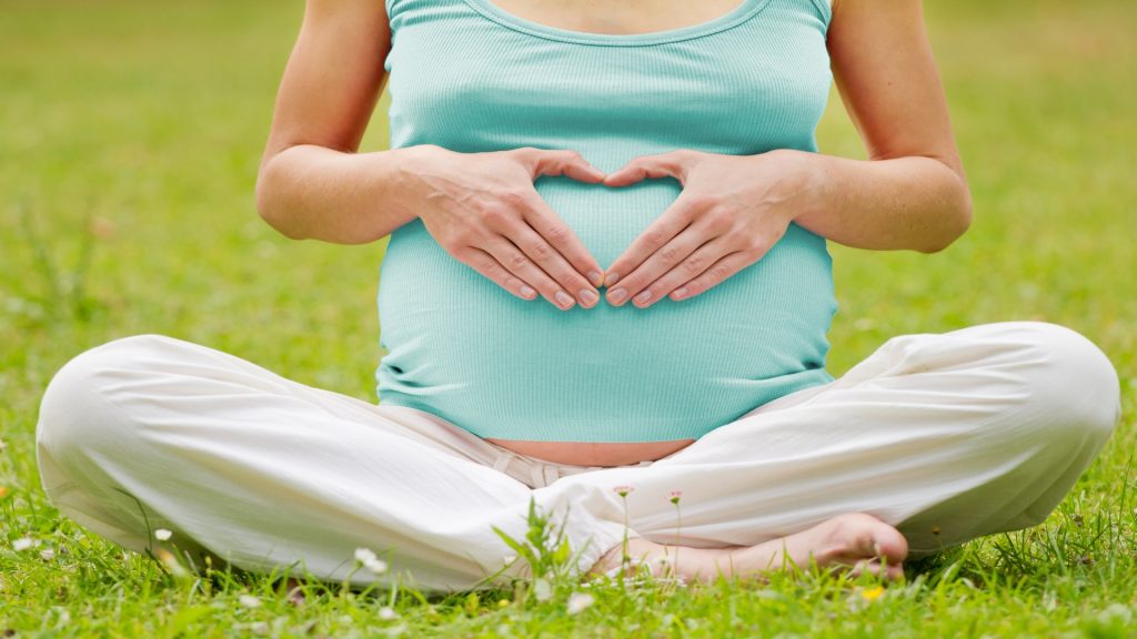 A pregnant woman is sitting on the grass, gently resting her hands on her belly. She is outdoors, surrounded by a field of plants. The scene captures a serene summer moment, highlighting the beauty of maternity and the connection to nature.