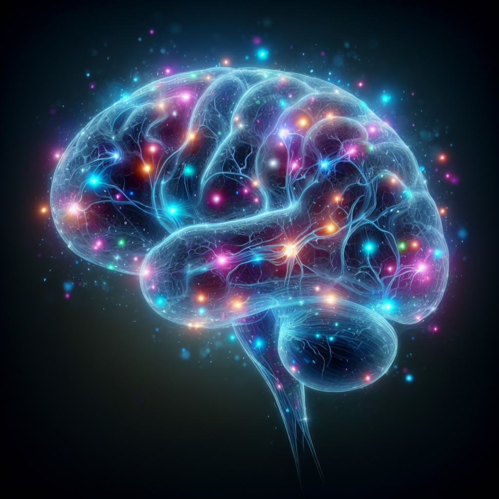 The image features a glowing brain illuminated by colorful lights, creating a striking visual effect. It incorporates elements of fractal art, reflecting patterns that are often found in nature and the animal kingdom. The vibrant colors enhance the artistic representation, making it an intriguing piece of art.