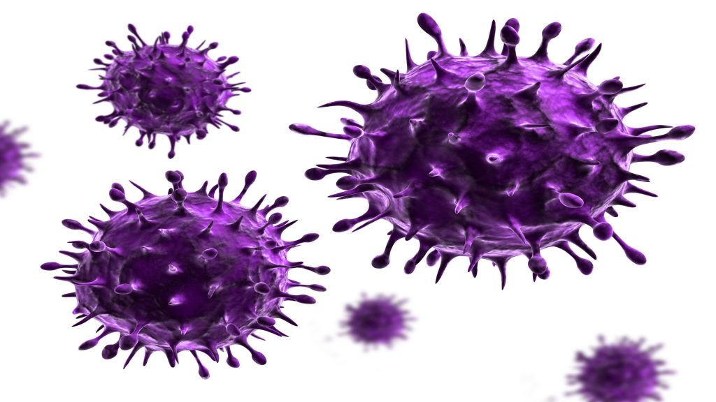 The image features purple virus cells set against a white background. The vibrant violet and lilac hues of the cells make them stand out prominently. The overall composition creates a striking visual contrast.