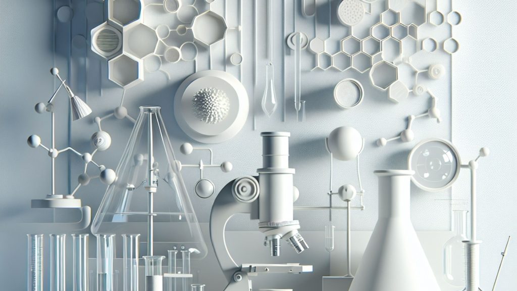 Full shot of a stylized, white laboratory scene. Numerous scientific instruments and objects are arranged on a light gray, almost white surface. Glass beakers, flasks, test tubes, and graduated cylinders are prominent. A microscope and various stands and apparatus for holding the scientific equipment are visible. The design incorporates abstract, geometric shapes, particularly hexagonal patterns, creating a visually organized but stylized representation of a laboratory setting. Molecular structures and a stylized virus-like figure are also featured, adding a scientific depth to the scene. The overall impression is one of a modern, clean, and organized laboratory. Everything is in a muted white/light gray pallette.