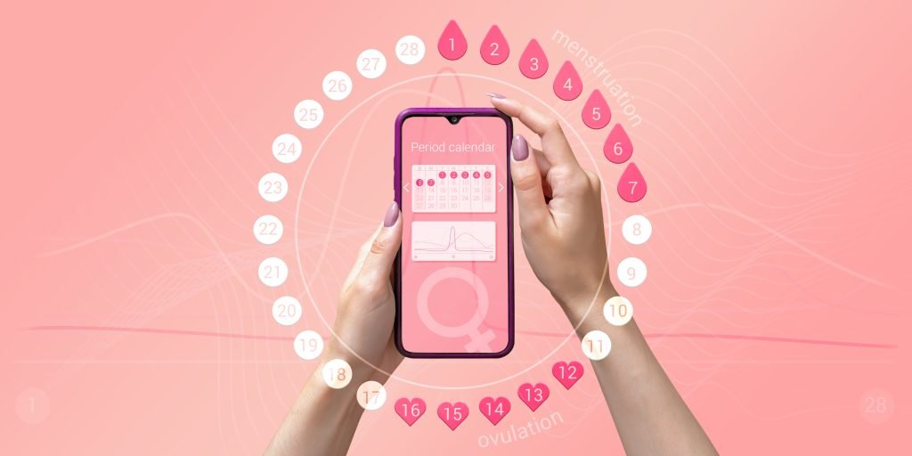 A person holds a smartphone displaying a menstrual calendar, surrounded by a circular diagram of the menstrual cycle with dates and symbols.