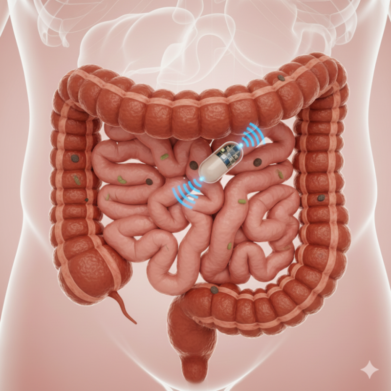 Illustration of human intestines with a digital pill emitting signals inside. Translucent silhouette of a torso highlights digestive system details.