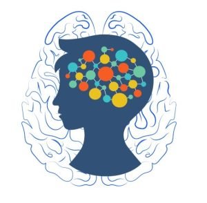 Silhouette of a head with colourful, interconnected circles symbolising ideas inside. In the background is an abstract outline of a brain.