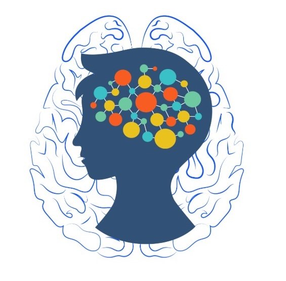 Silhouette of a head with colourful, interconnected circles symbolising ideas inside. In the background is an abstract outline of a brain.