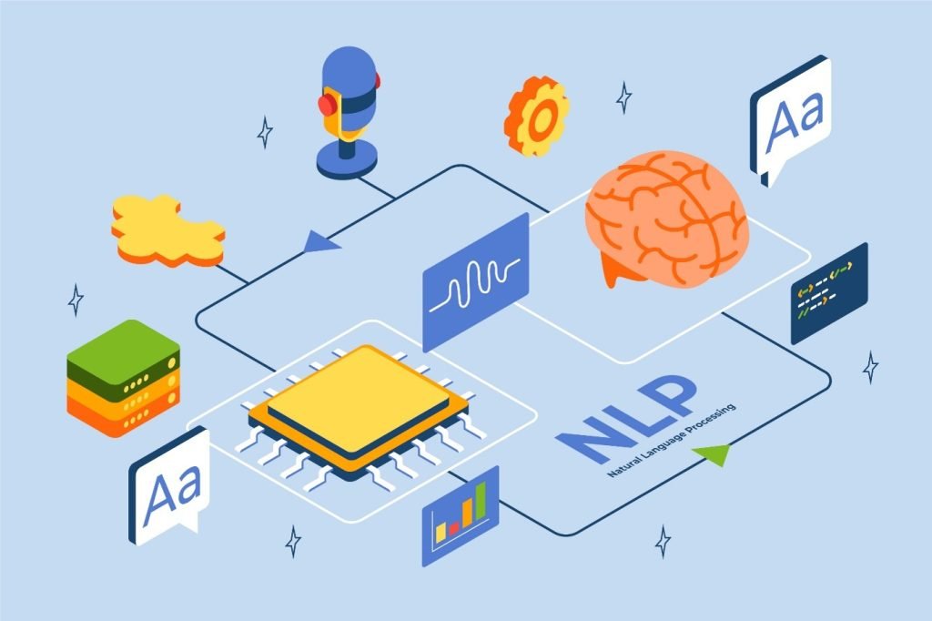 Illustration of NLP concepts: a brain, microphone, circuit, gears, and screens with text and graphs, symbolizing natural language processing.
