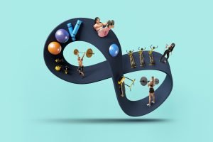 Infinity symbol with miniature people exercising: weight lifting, cycling, and more, on it. Includes gym equipment and vibrant balls against a teal background.