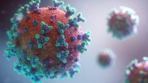 A close-up illustration of a virus particle with spike proteins, resembling the coronavirus, floating in a blurred atmosphere.